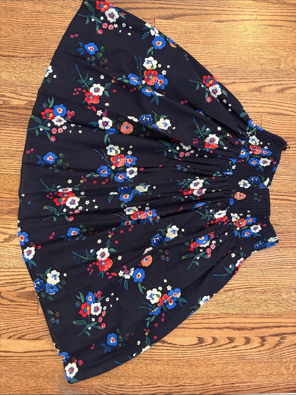 Tory Burch Navy Floral Smocked-Waist Skater Skirt